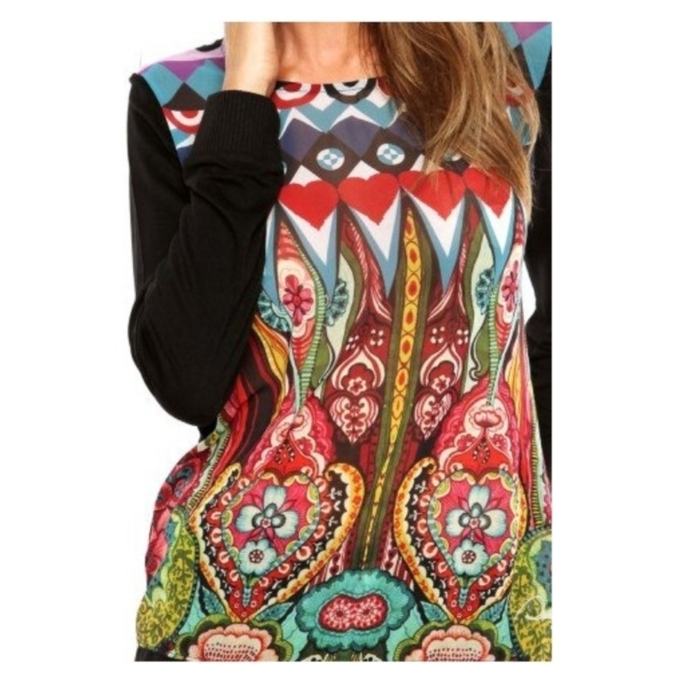 Desigual Sheer Print Top Knit Back Long Sleeve Boho Festival M EUR L - Picture 3 of 15